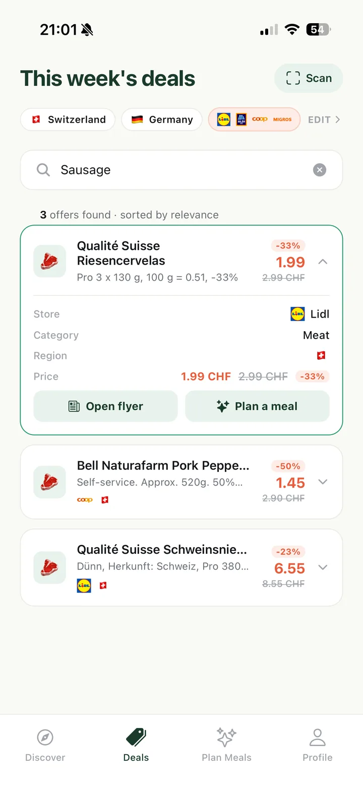 dishdeal deals screen: searching “sausage” finds three discounted offers across Lidl and Coop