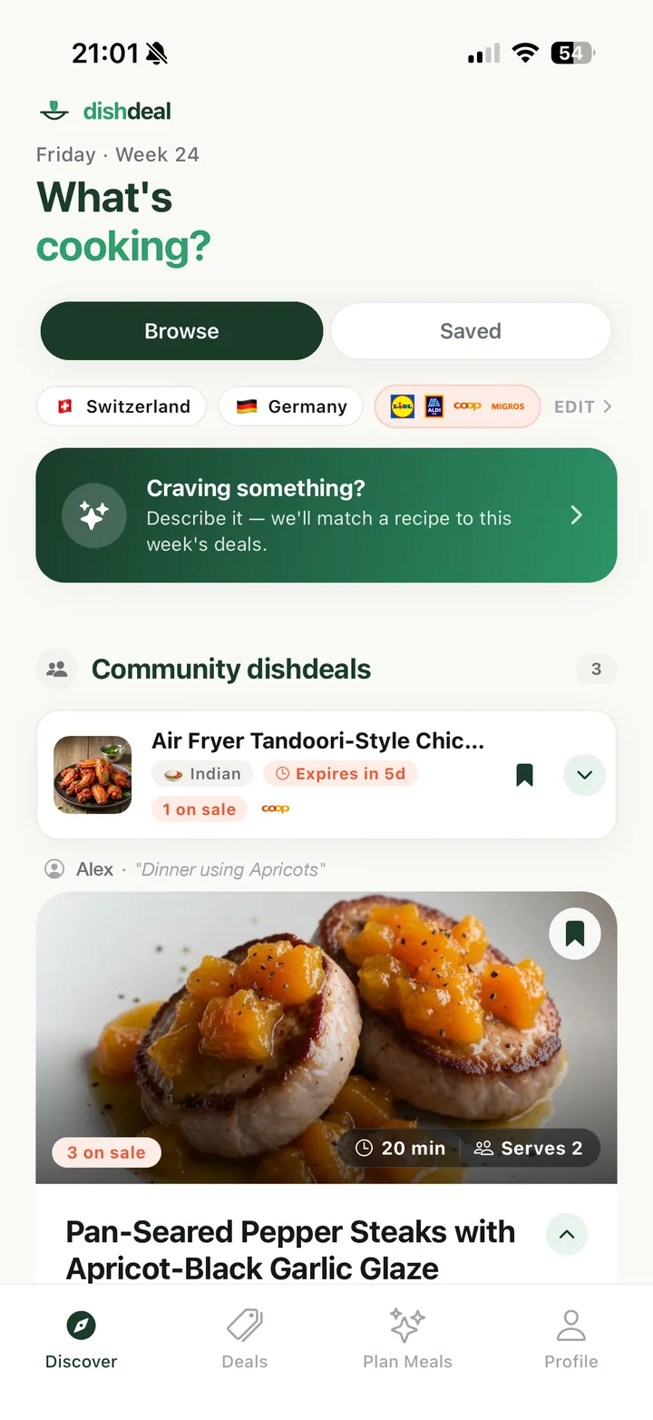 dishdeal home screen with this week's recipe plan and community recipes built from current deals