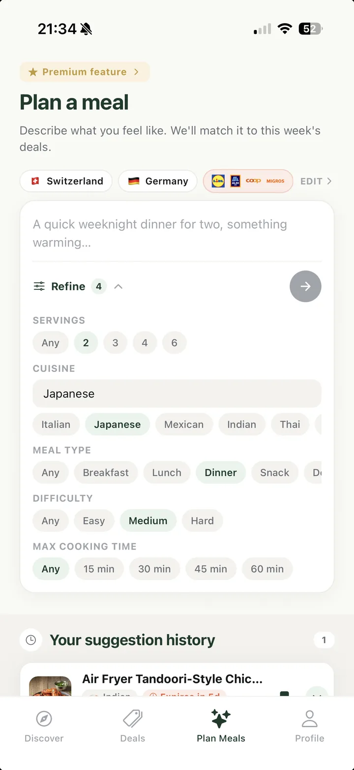 Plan a meal screen: describe a craving and refine by servings, cuisine, meal type, difficulty and cooking time
