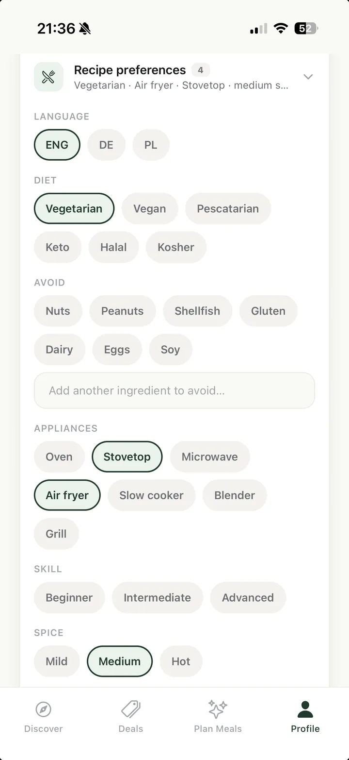 Recipe preferences screen: language, diet, ingredients to avoid, appliances, skill and spice level