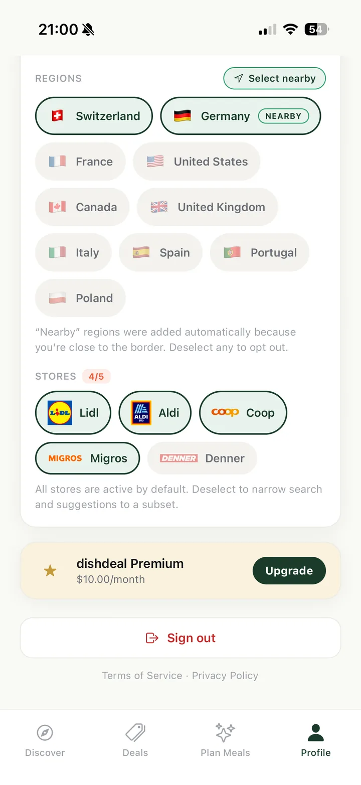 Settings screen: choosing regions and stores like Lidl, Aldi, Coop, Migros and Denner